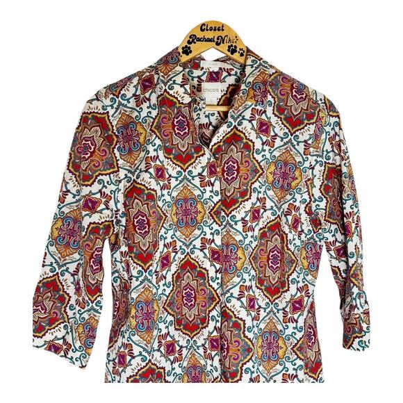 Womens Chicos Paisley No Iron 3/4 Sleeve Shirt Top Blouse Size 1 - Picture 1 of 7